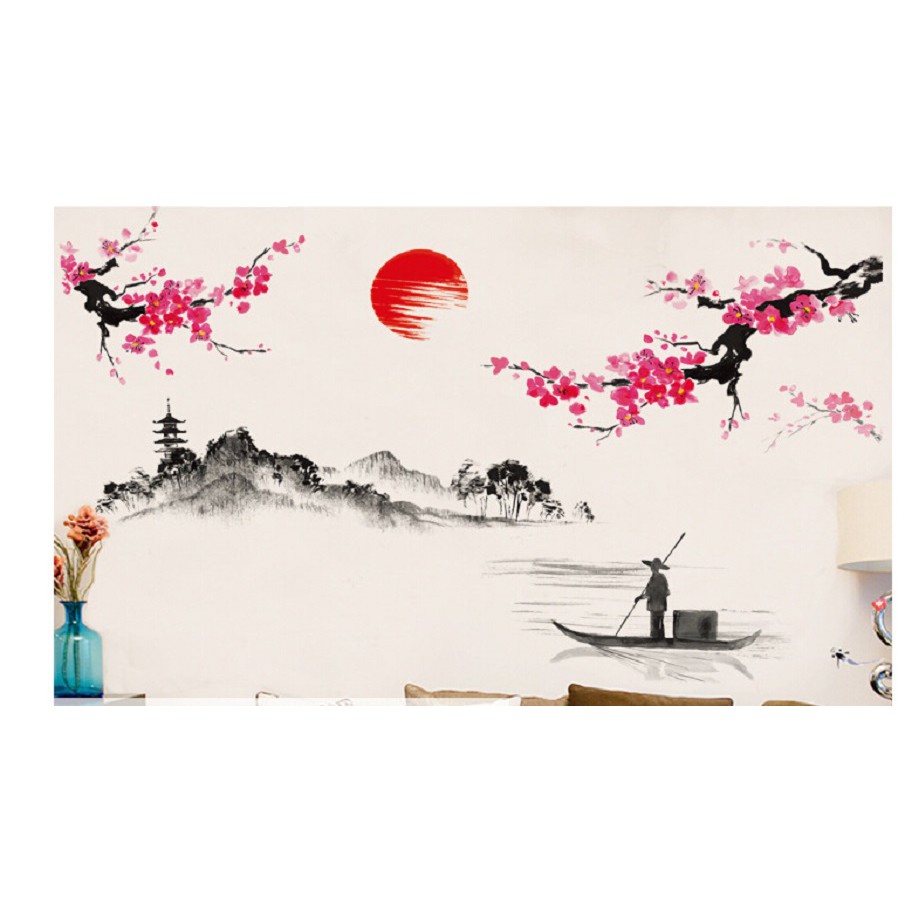Decal dán tường ông lão lái đò