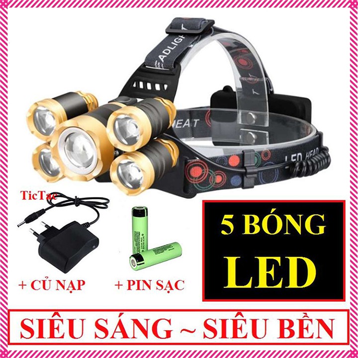 ĐÈN PIN ĐỘI ĐẦU 5 BÓNG SIÊU SÁNG KÈM 2 PIN SẠC 18650 CHIẾU XA 300M | BigBuy360 - bigbuy360.vn