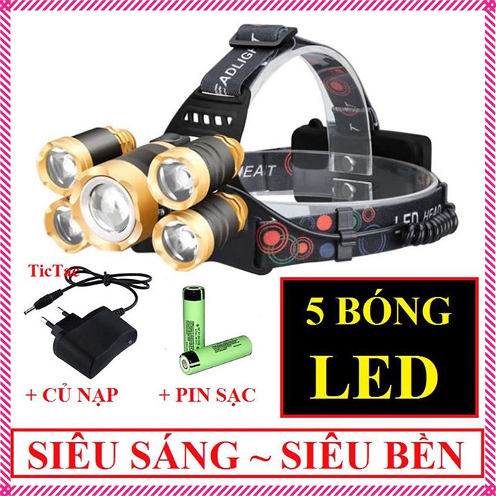 ĐÈN PIN ĐỘI ĐẦU 5 BÓNG SIÊU SÁNG KÈM 2 PIN SẠC 18650 CHIẾU XA 300M