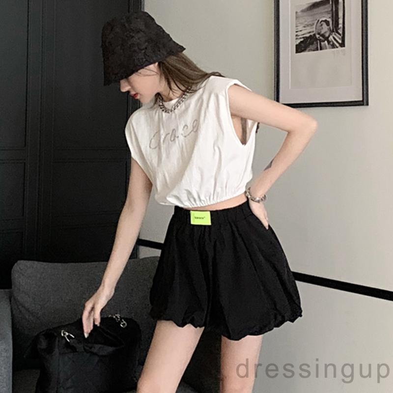 Áo Croptop Sát Nách Cổ Tròn Dáng Rộng Đính Đá In Chữ Cá Tính Cho Nữ