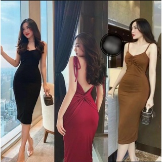 Đầm body xoắn lưng hai dây kèm mút ngực