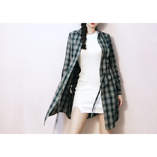 Đầm sơmi caro nỉ cột dây eo