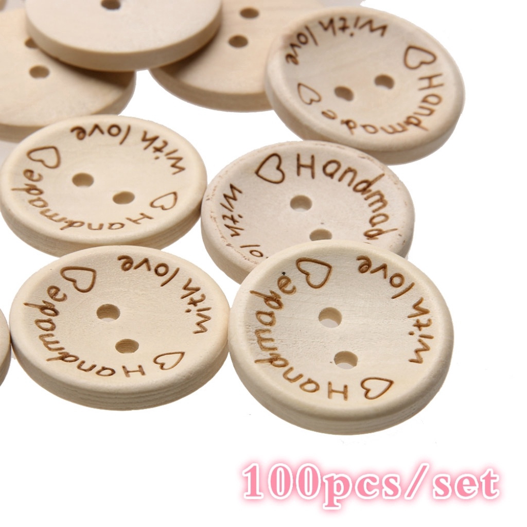 Set 100 Nút Gỗ 2 Lỗ 15mm / 20mm / 25mm In Chữ Handmade