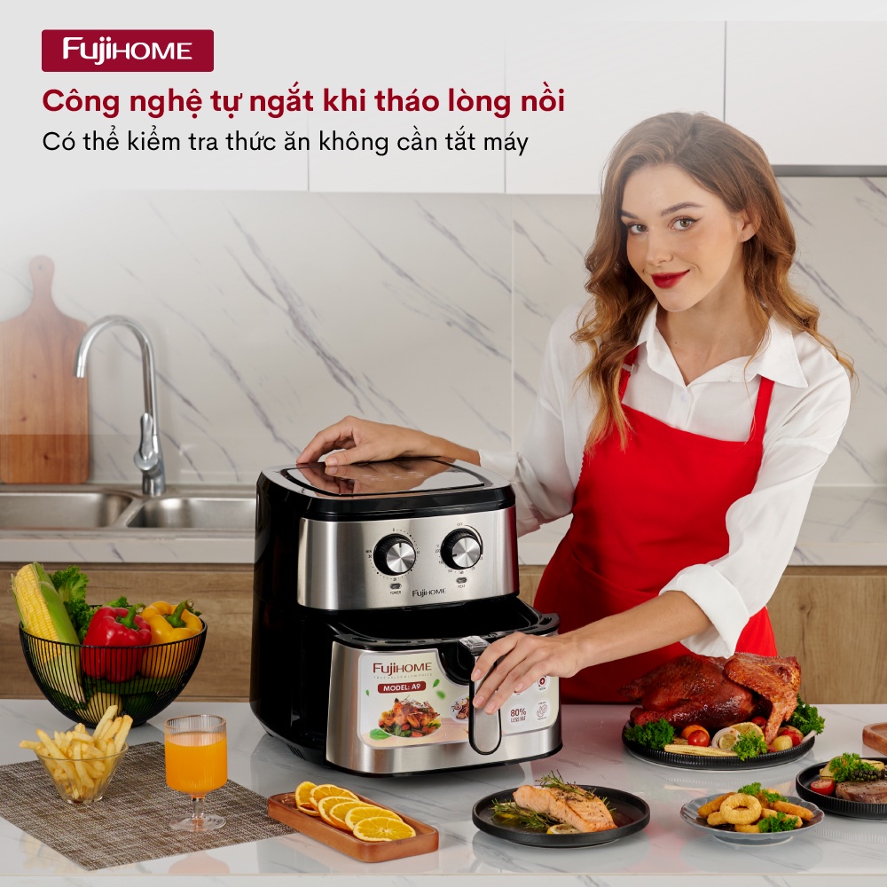 Nồi chiên không dầu 9.2L Nhập Khẩu Nhật Bản Fujihome, Nồi chiên không khí cơ 9 lít không hơi nước tự ngắt,tặng kèm gắp