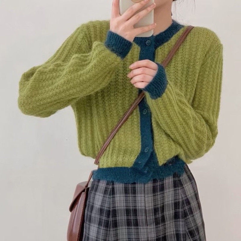 Áo khoác cardigan dệt kim phối màu tương phản dễ thương thời trang cho nữ