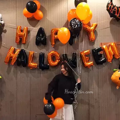 Halloween set bong bóng chữ Happy Halloween trang trí tiệc tặng kèm rèm kim tuyến