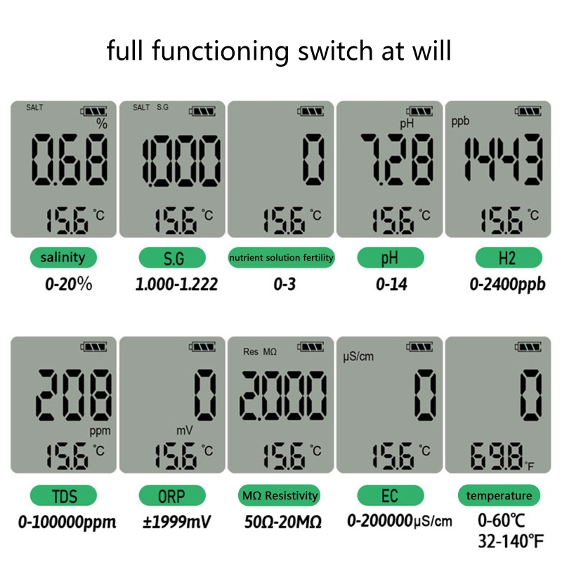 Thiết Bị Kiểm Tra Chất Lượng Nước Kỹ Thuật Số 10 Trong 1 Đa Năng P-H / TDS / EC / SALT / TEMP / S.G / ORP / H2 / Fertile / R