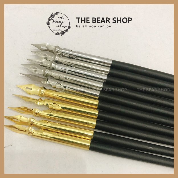 Bút máy bút chấm mực viết chữ đẹp kiểu dáng cổ điển màu vàng, màu bạc - The Bear Shop