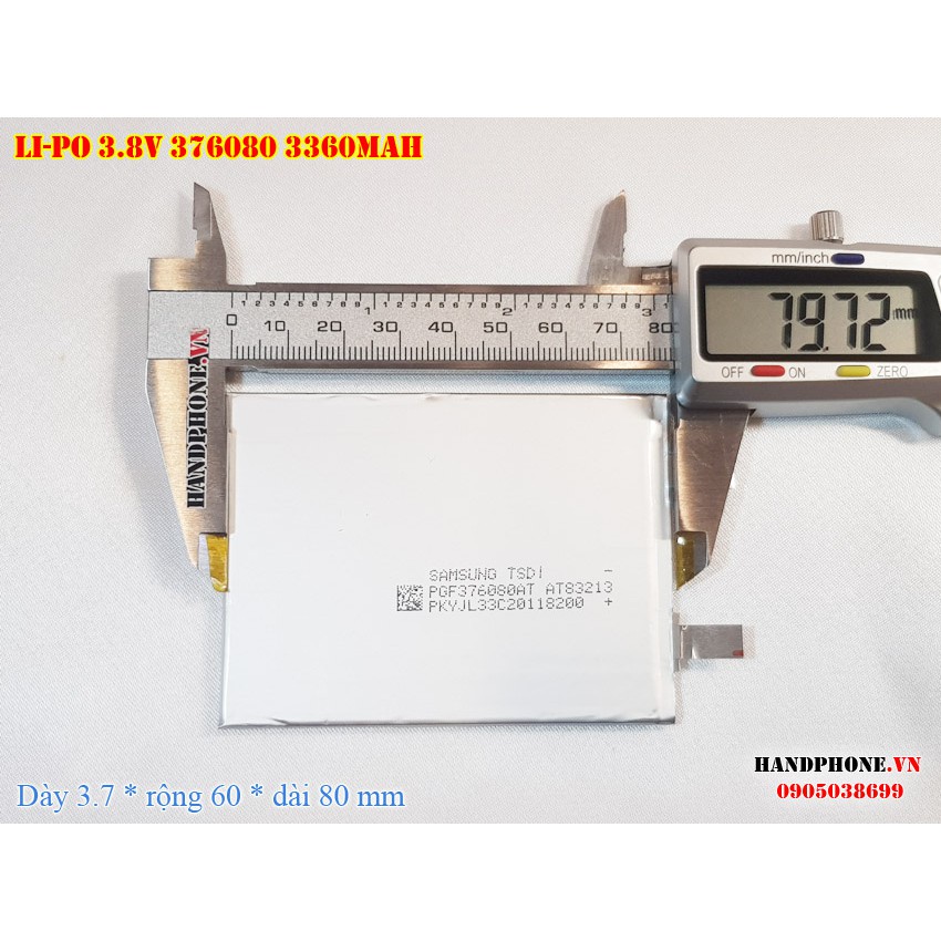 Pin Li-Po 3.8V 3360mAh 376080 (Lithium Polymer) cho Điện Thoại, Laptop, loa Bluetooth, định vị GPS, máy nghe nhạc