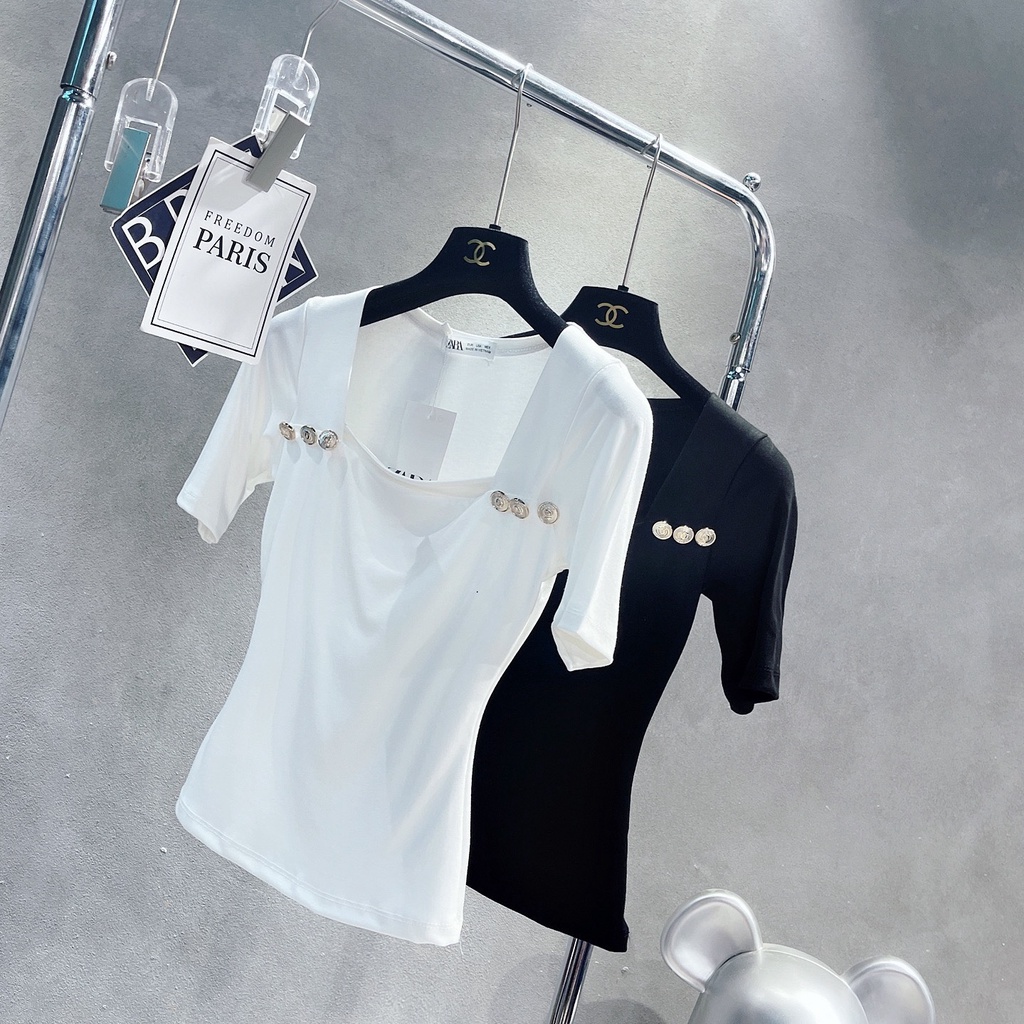 Áo Phông Cổ Vuông Cúc Ngực Chất Cotton Dẻo Lên Dáng Sang Chảnh Dễ Mix Đồ 153