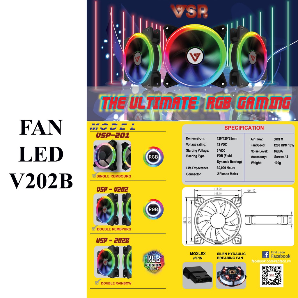 Fan led 2 mặt VSP V202B Led auto function rainbow/GẮN TRỰC TIẾP LÊN NGUỒN/LED TỰ CHUYỂN MÀU