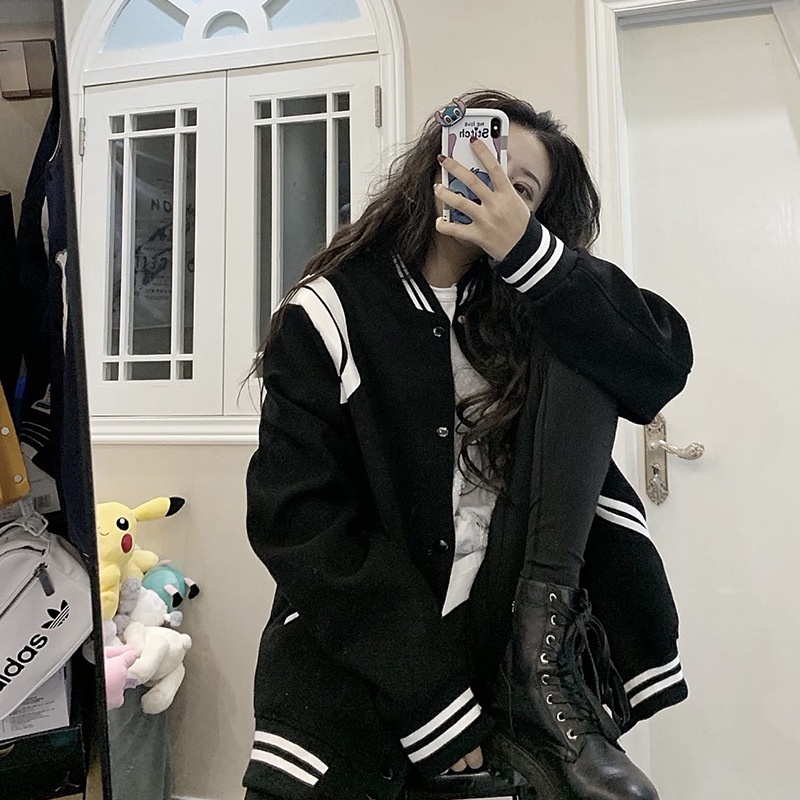 Áo Bomber Nỉ Kẻ Sọc Vai Da Unisex Cao Cấp ,Áo Khoác Jacket Phong Cách Hàn Quốc