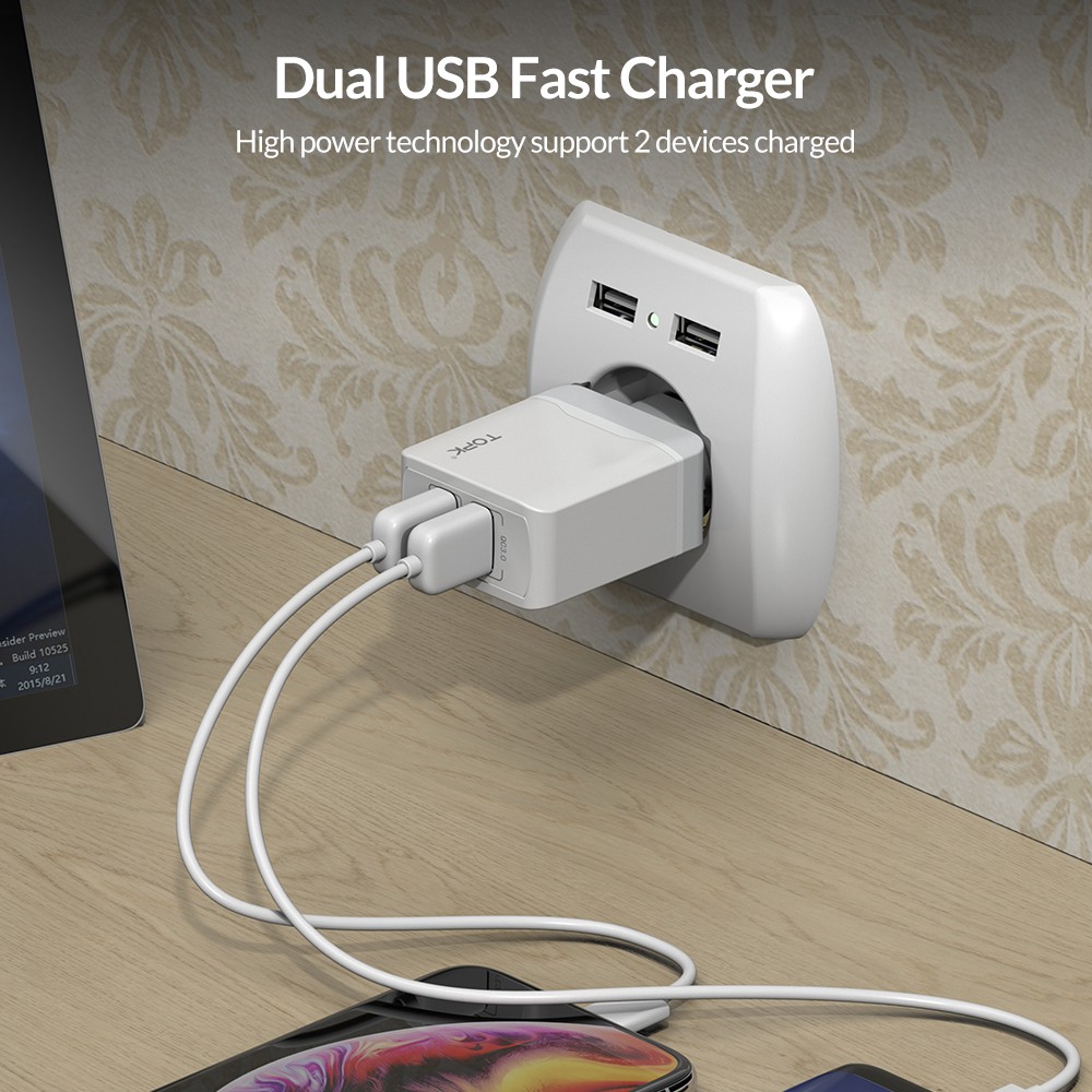 Củ Sạc TOPK B244Q Chia Hai Cổng Kết Nối USB Sạc Nhanh 28W QC 3.0 Đầu Cắm EU Dùng Khi Du Lịch | BigBuy360 - bigbuy360.vn
