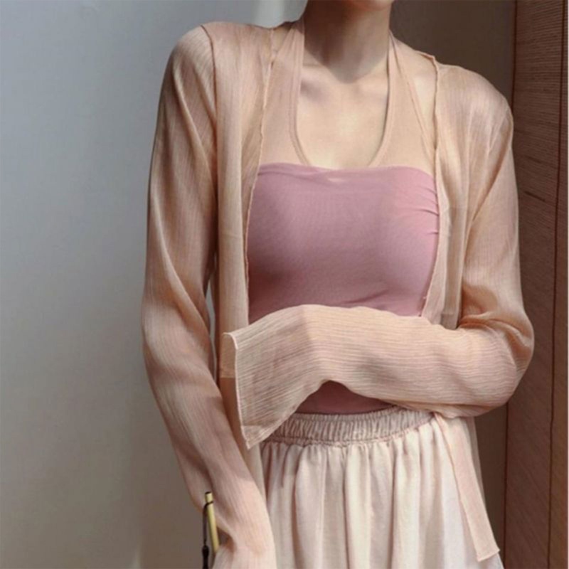 Áo Khoác Cardigan Tay Loe Dài Bằng Lụa Lạnh Mỏng Nhẹ Che Phủ Phía Trước Cho Nữ