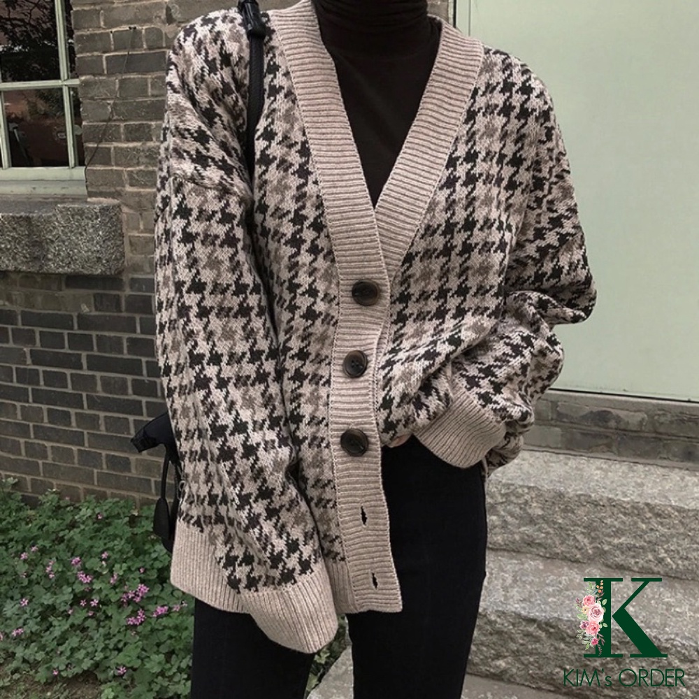 Áo len cardigan nữ phom rộng dài tay hoạ tiết kẻ vintage chất đẹp phong cách Hàn Quốc, đường phố, cá tính