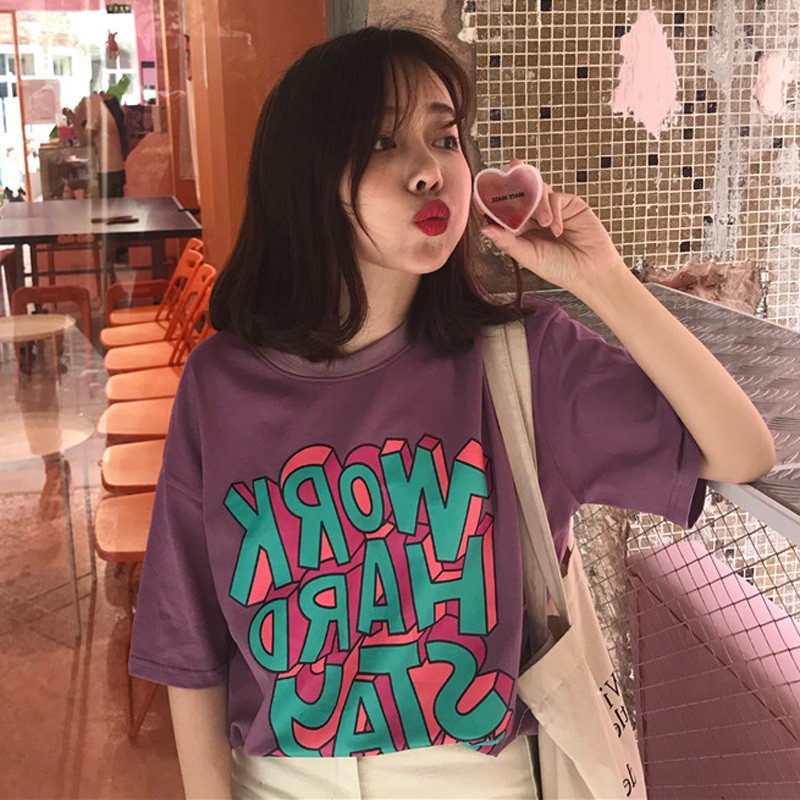 Áo thun nữ ngắn tay in chữ đơn giản phong cách Hàn Quốc