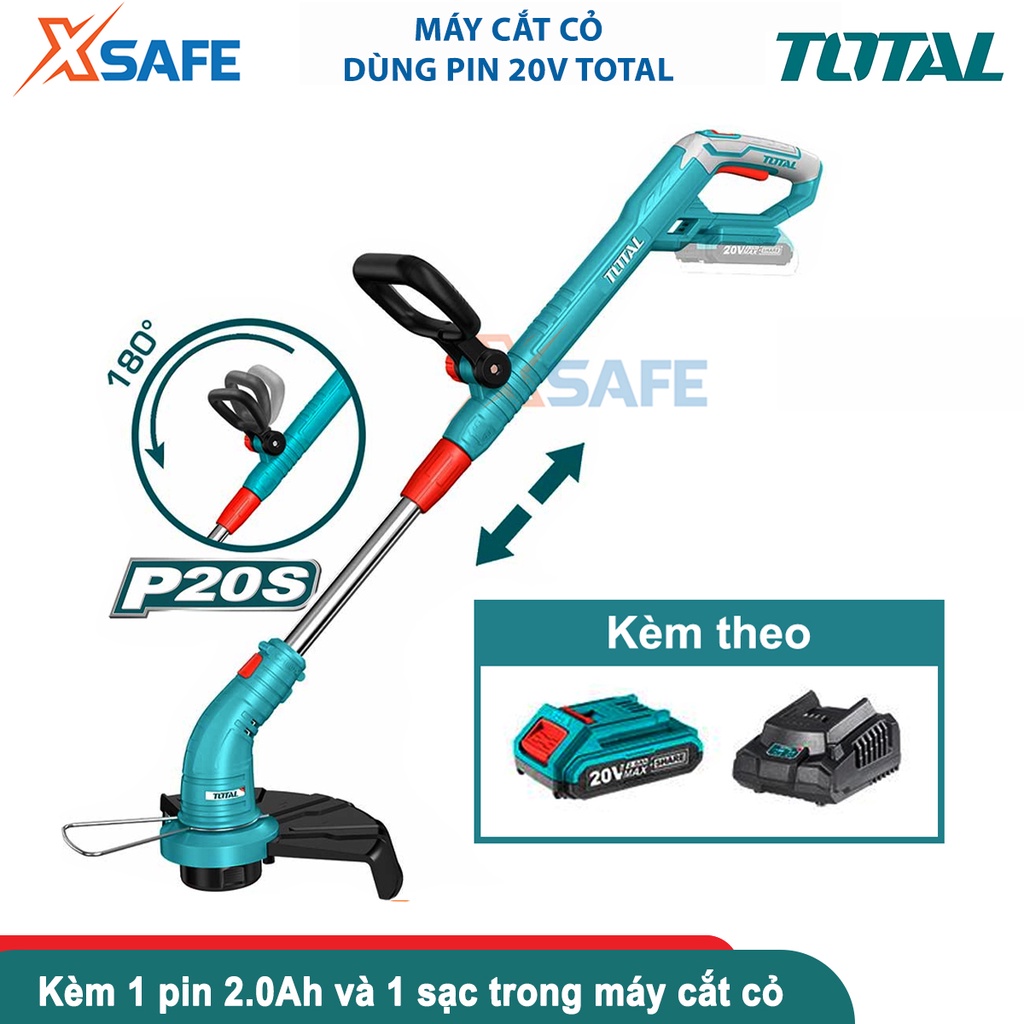 Máy cắt cỏ dùng pin Lithium-Ion 20V TOTAL TGTLI20301 (kèm pin và sạc), dây cước 1,6mm xoắn, chiều dài dây cước: 5m-XSAFE