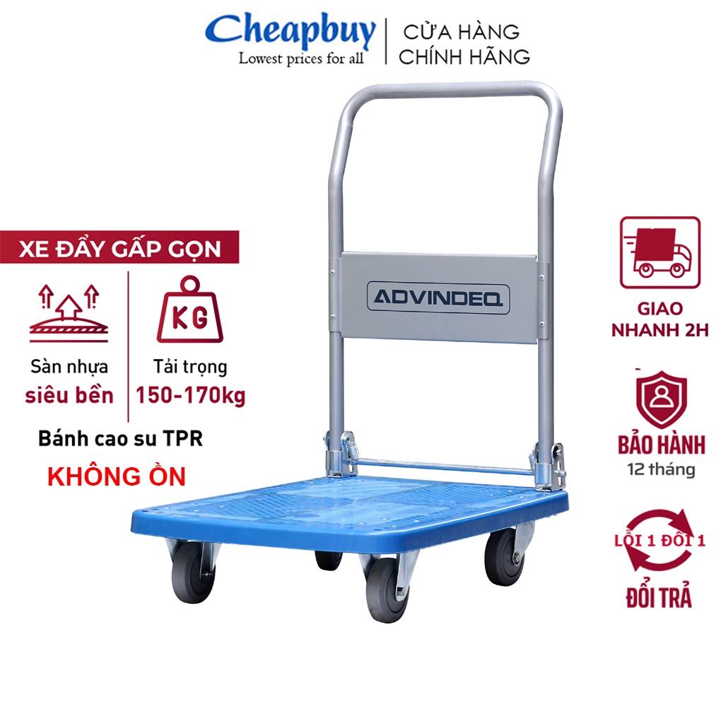 Xe đẩy hàng 4 bánh gấp gọn 170kg nhập khẩu ADVINDEQ PT-150, bánh xe chống ồn, sàn nhựa chịu lực- bảo hành 12 tháng