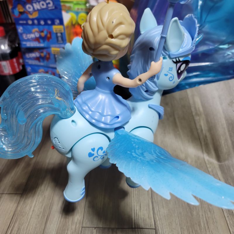 Lồng đèn trung thu búp bê elsa cỡi ngựa pony có cánh thiên thần màu xanh cực đẹp có đèn nhạc cho bé