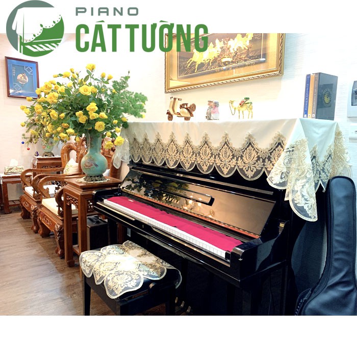 Khăn phủ đàn piano R7y vải GẤM màu kem hoàng gia ★