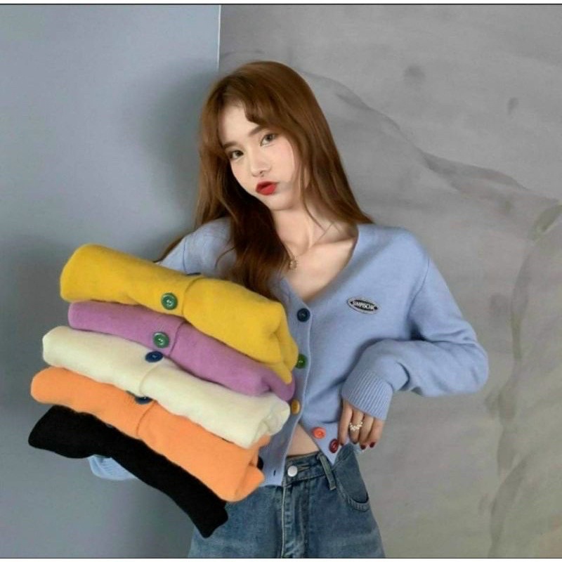Áo Croptop thun gân len thêu logo Tay Dài Phối Nút Cầu Vồng Phong Cách Hàn Quốc nhiều màu