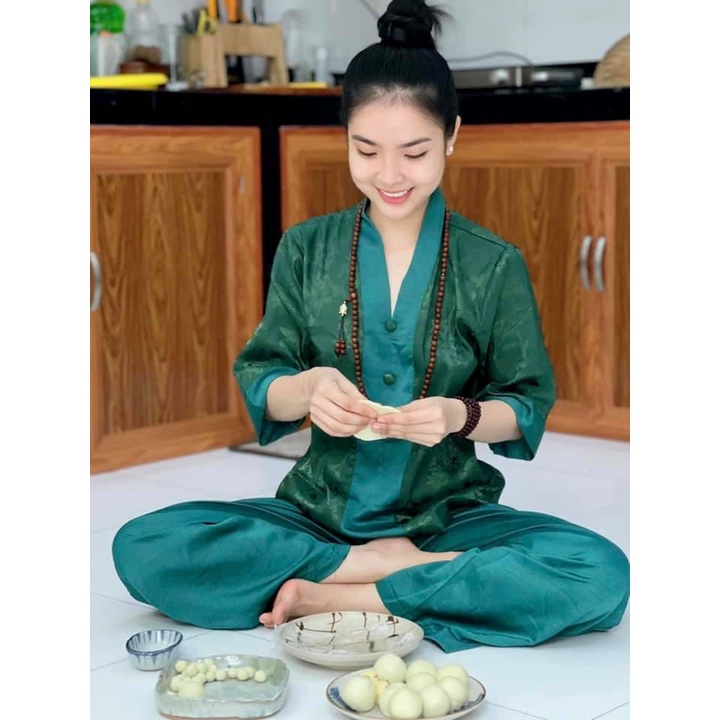 mẫu đồ lam đi chùa #bộ bà lai gấm phối lụa-pháp phục đồ lam