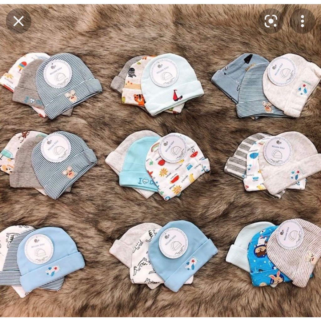 Set 3 mũ cotton dày dặn co giãn cho bé 0 - 6 tháng