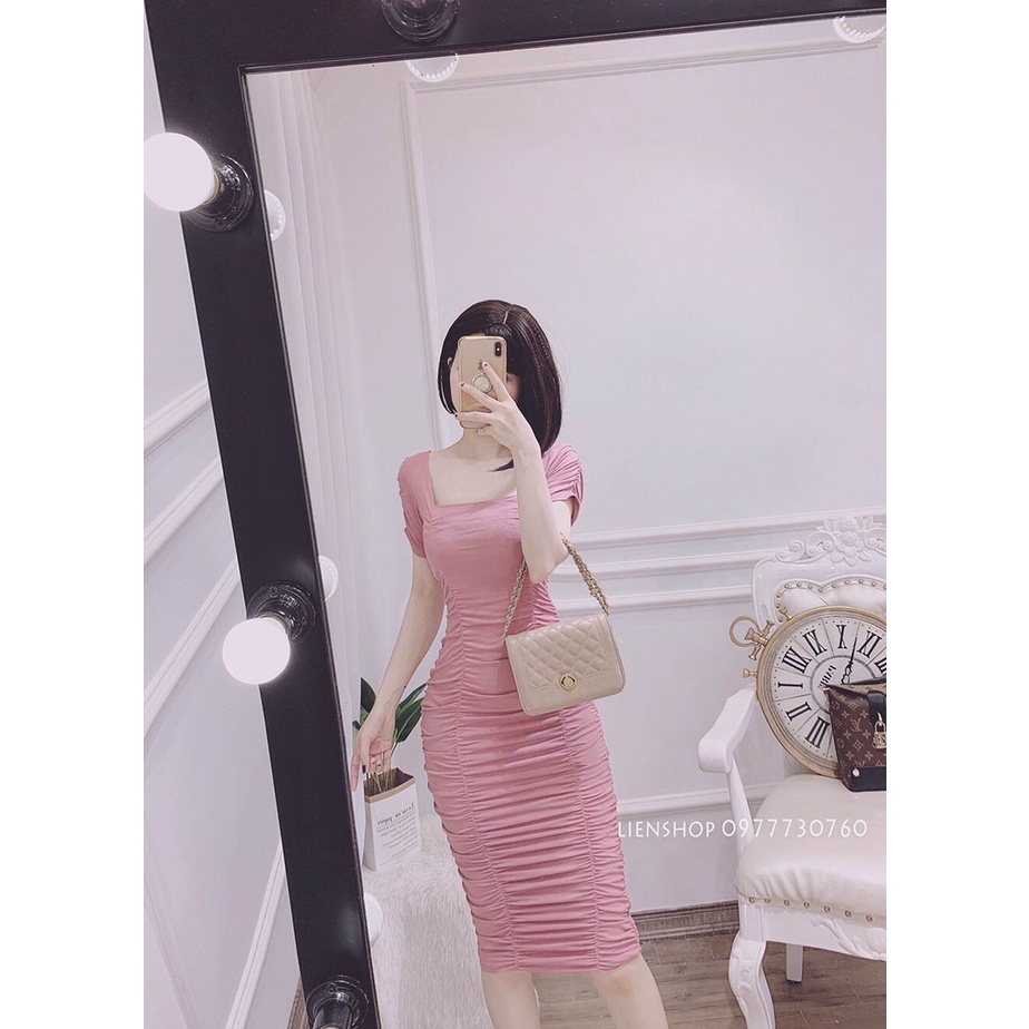 Đầm ôm body tay ngắn cổ vuông nhún thân màu hồng - TE2