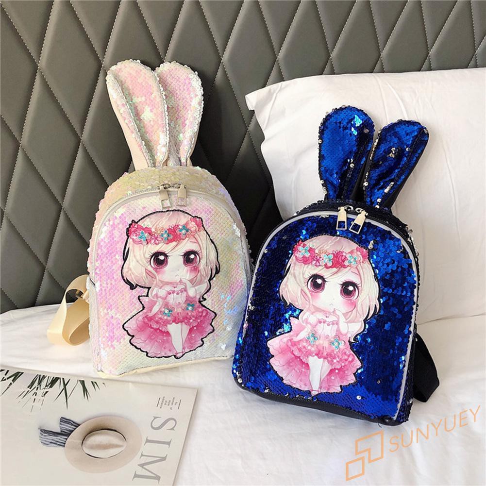 【In Stock】Rabbit Ear Sequins Backpack Cartoon Lovely Students Shoulder School Bags