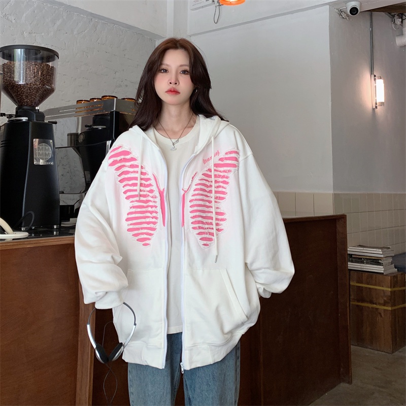 【ZHELIHANGFEI】Áo Hoodie Tay Dài In Hình Bướm Kiểu Retro Mỹ Cá Tính
