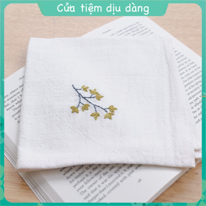 Bộ thêu khăn tay mẫu Lá Non cho người mới bắt đầu - Khăn tay thêu hoa - hàng thủ công