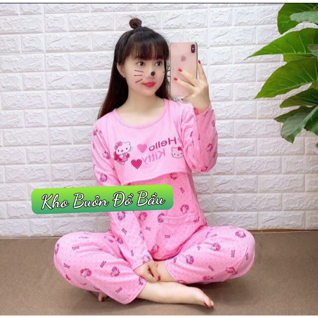Bộ đồ bầu mặc nhà và sau sinh HELLO KITTY DÀI TAY chất cotton siêu xinh BD922