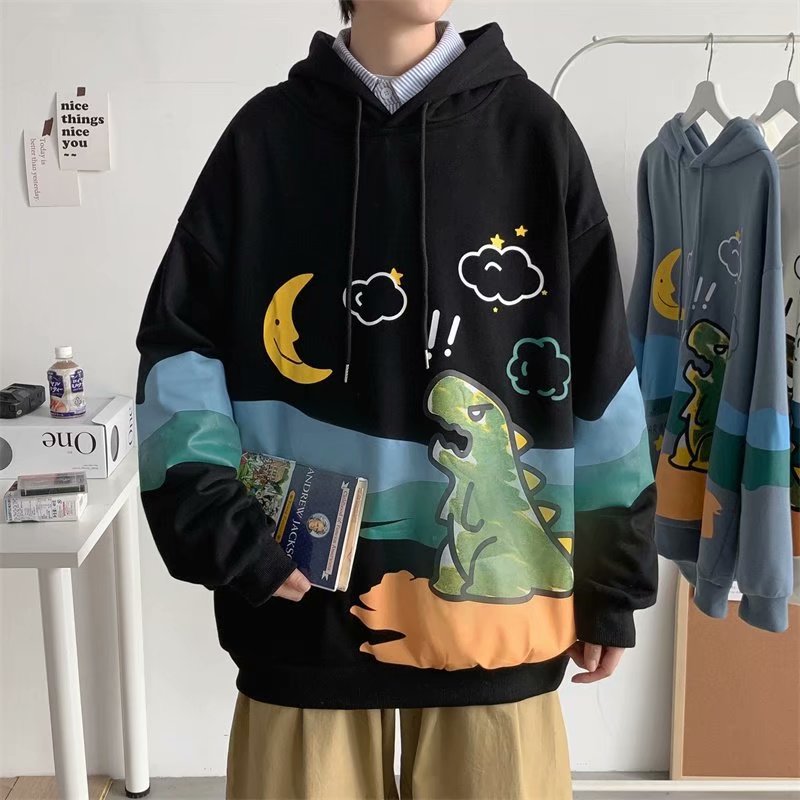 Áo hoodie nam dài tay dáng rộng in hình khủng long dễ thương có size M-2XL4