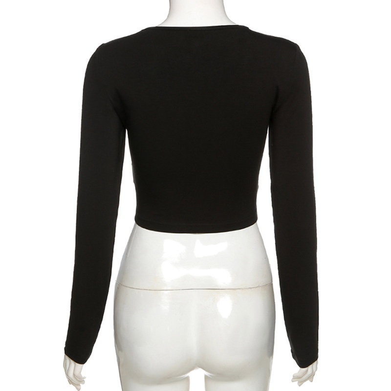 Xiangbao Áo Thun Crop Top Tay Dài Màu Đen Phong Cách Harajuku Gợi Cảm Cho Nữ