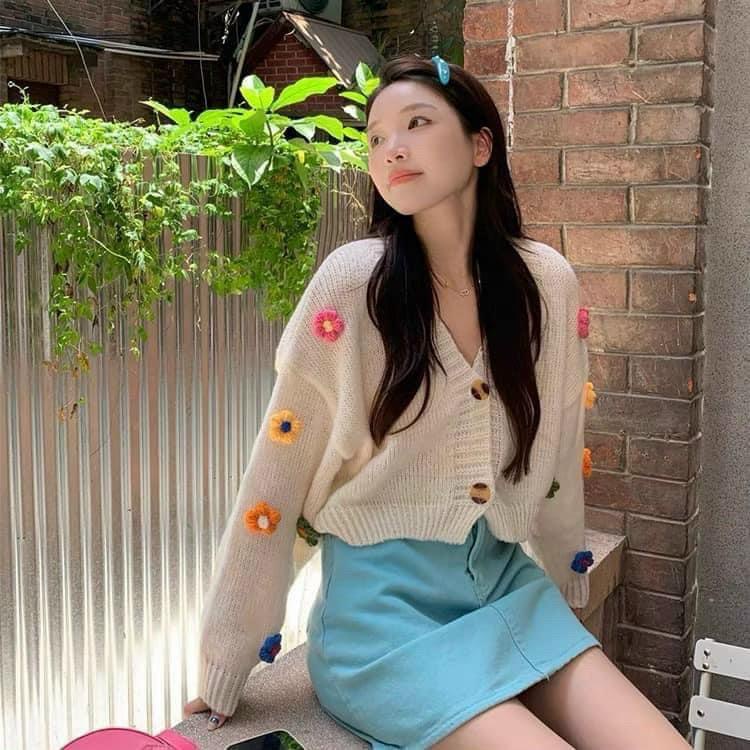 Áo khoác len nữ tay dài 2 nút phối hoa