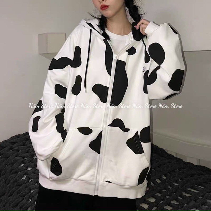 Áo Khoác Hoodie hoạ tiết Bò Sữa Form Rộng Unisex Nam Nữ màu hồng, đen - Ảnh Thật