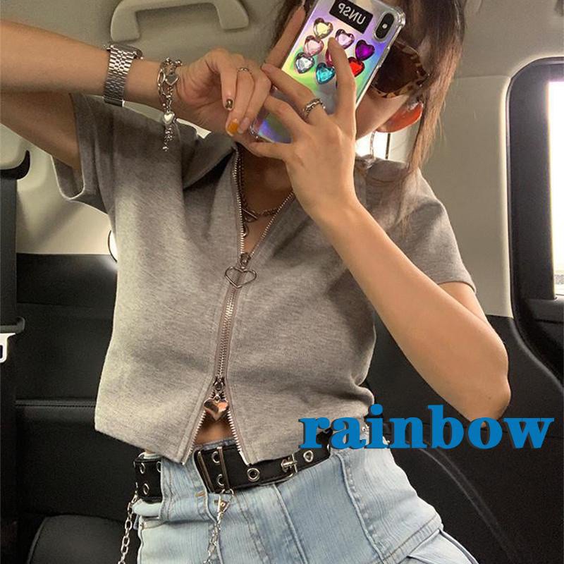 Áo Croptop Dệt Kim Tay Ngắn Dáng Rộng Màu Sắc Cầu Vồng Phối Khóa Kéo Thời Trang Cho Nữ | BigBuy360 - bigbuy360.vn