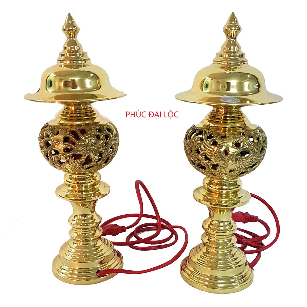 Đôi đèn thờ Rồng Phượng số 0 (RP0) cao 31 cm nặng 2.4 kg bằng đồng màu vàng bóng