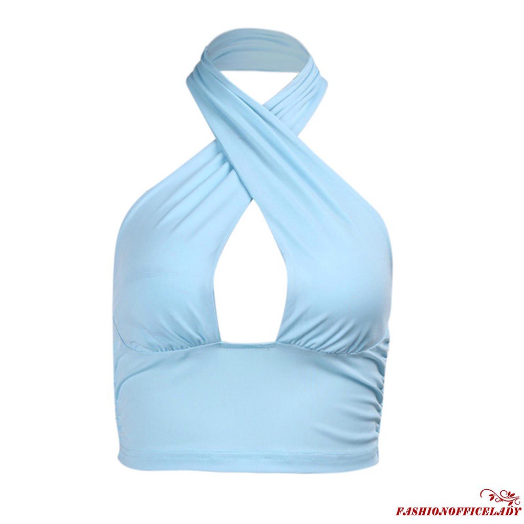 Áo Croptop Cổ Yếm Hở Lưng Màu Trơn Phối Dây Đan Chéo Màu Trắng / Xanh Dương / Đen Cho Nữ | BigBuy360 - bigbuy360.vn