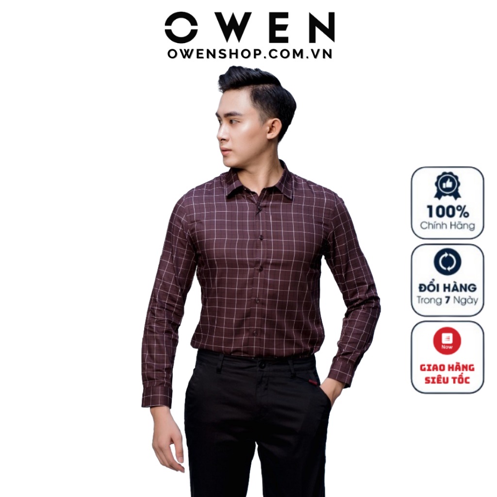 Áo Sơ Mi Nam Dài Tay Owen AS61012D Sơ Mi Công Sở Chất Sợi Tre Cao Cấp Màu Nâu Café Kẻ Caro Trắng Đen Dáng Ôm Không Túi