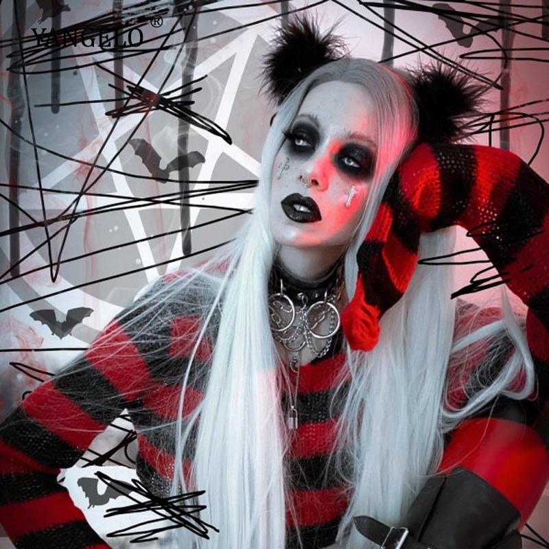 Áo sweater dệt kim cổ tròn tay dài họa tiết kẻ sọc phong cách Gothic punk Harajuku cho nữ