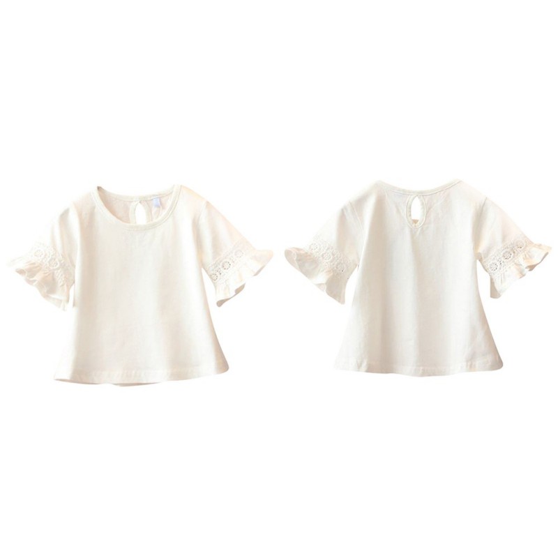 Áo Sơ Mi Phối Ren Tay Xòe Màu Trơn Thời Trang Mùa Hè Cho Bé Gái