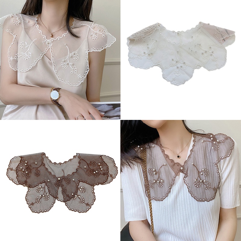 Cổ Áo Giả Màu Trắng Thêu Họa Tiết Đính Ngọc Trai Có Thể Tháo Rời