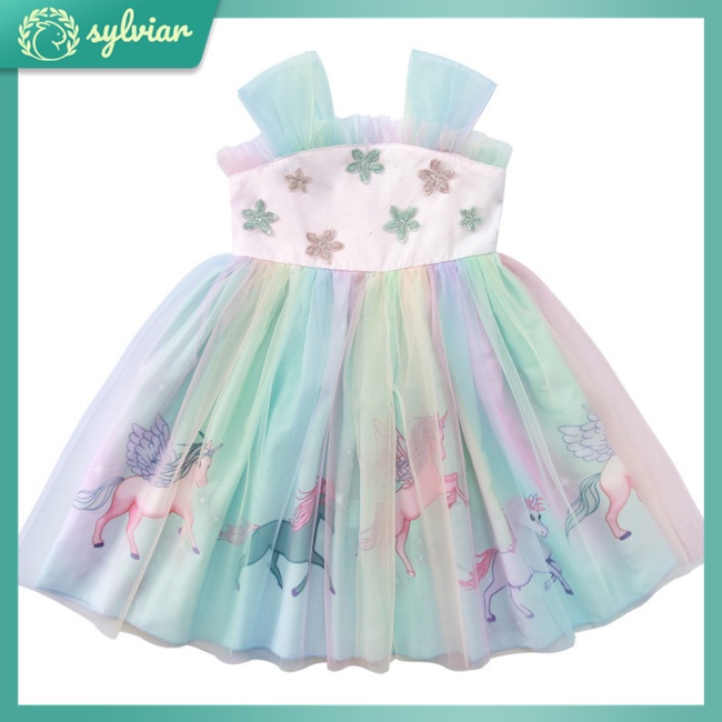 Đầm Lưới Chiffon Mùa Hè In Họa Tiết Hoạt Hình Cho Bé Gái 3-8 Tuổi