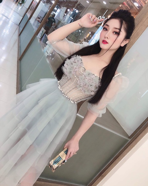 [Mã FATHANG5 giảm 10K đơn 50K] KÈM ẢNH THẬT - Đầm xoè tầng tay phồng kết hoa và cườm nổi -MS106V- Size M/L đến 57kg | BigBuy360 - bigbuy360.vn