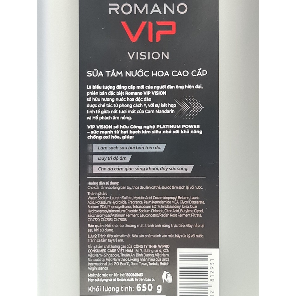 Sữa Tắm Hoặc Dầu Gội Nam Cao Cấp Romano Vip Vision 650g