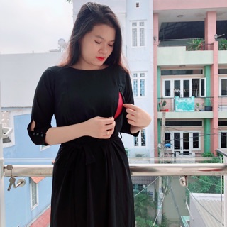 Váy Cho Con Ti Đen Buộc Nơ Eo Che Bụng