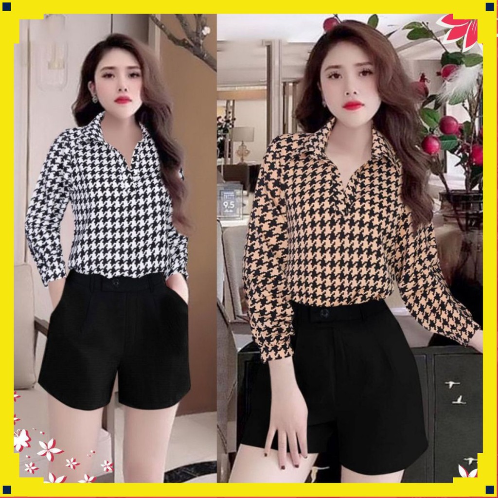 Trang Phục Nữ 🌸FREESHIP🌸 Set nguyên bộ quần short áo sơ mi tay dài họa tiết ziczac J1104