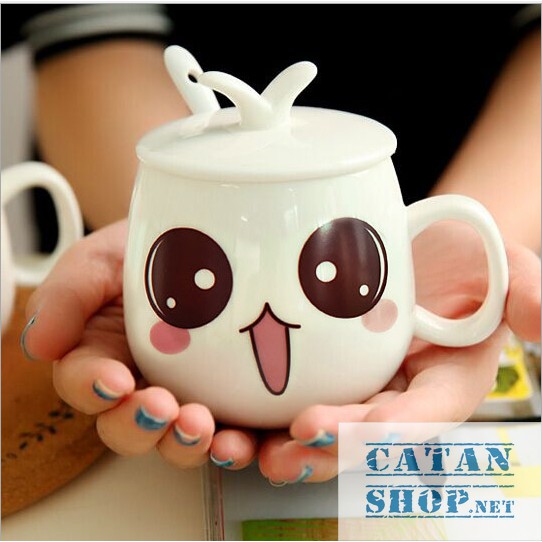 01 Ly cốc sứ có nắp (kèm muỗng)  hình biểu cảm siêu cute (giao mẫu ngẫu nhiên) HK062