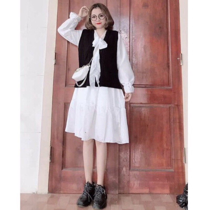 Váy babydoll kèm áo gile, set váy ulzzang dáng dài mix áo gile suông thụng | BigBuy360 - bigbuy360.vn